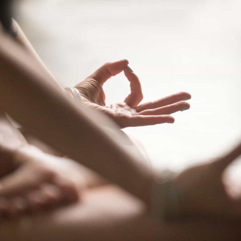 Mudra gesture close up, woman practicing yoga at home in Padmasana, Lotus, pose, sitting in meditative exercise, spiritual mindful enlightenment concept, focus on left hand